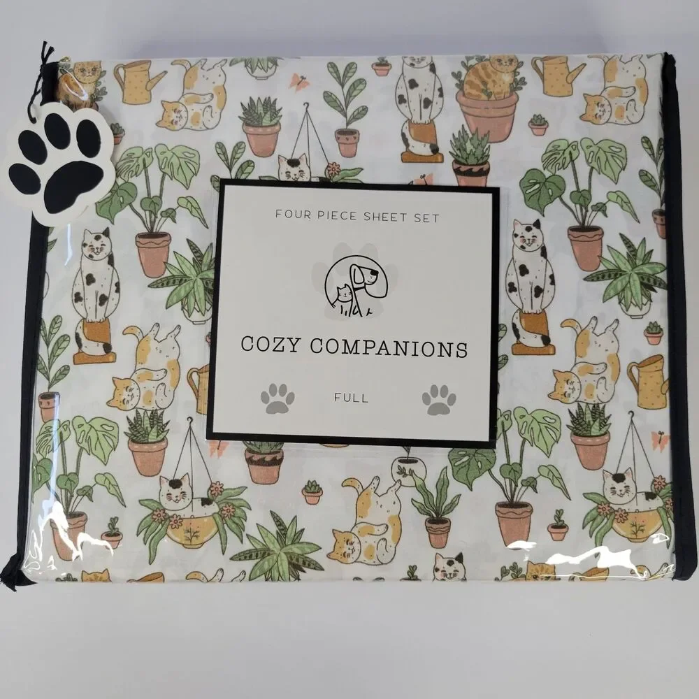 Cats Plants 4pc FULL Sheet Set Calico Orange Tabby Fern Aloe Monstera Succulents